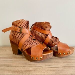 Free People Tan Leather Wedge Sandals with Adjustable Straps